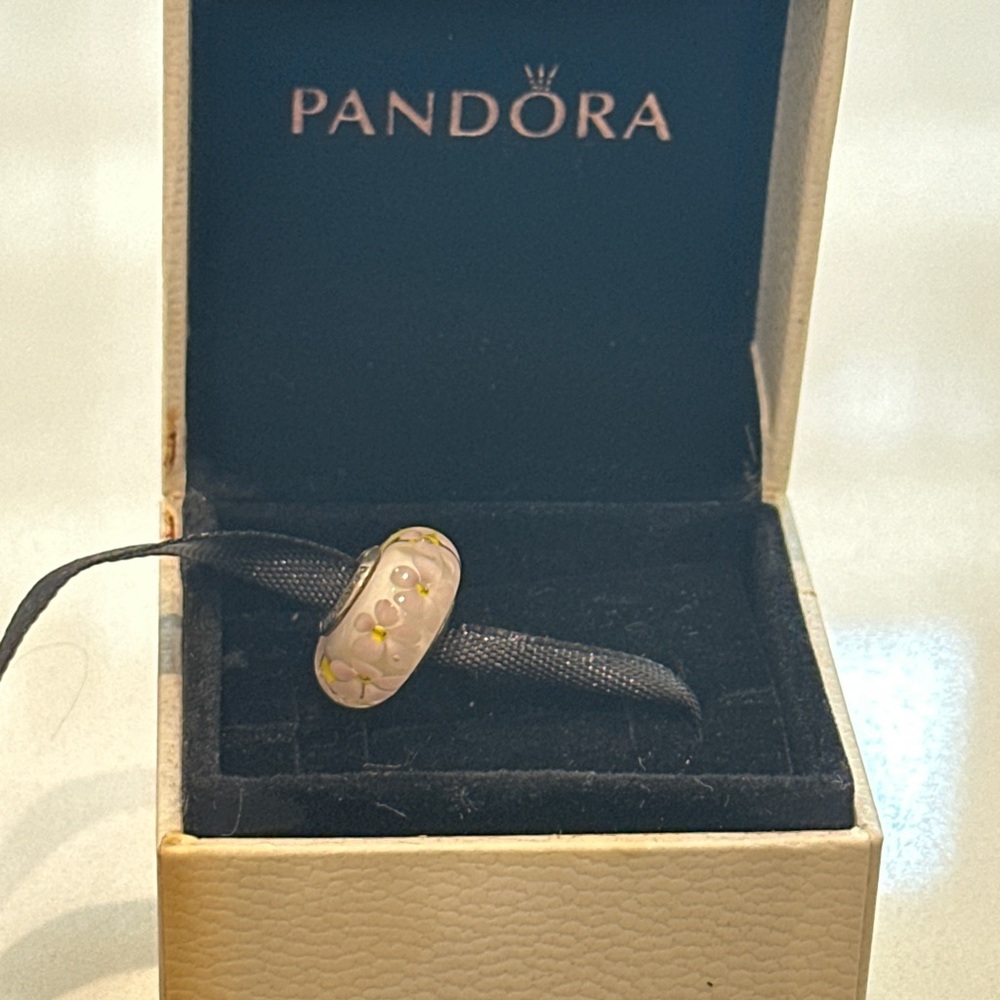 Pandora Pink Murano Glass Charm with Yellow Flowers – Retired Floral Bead